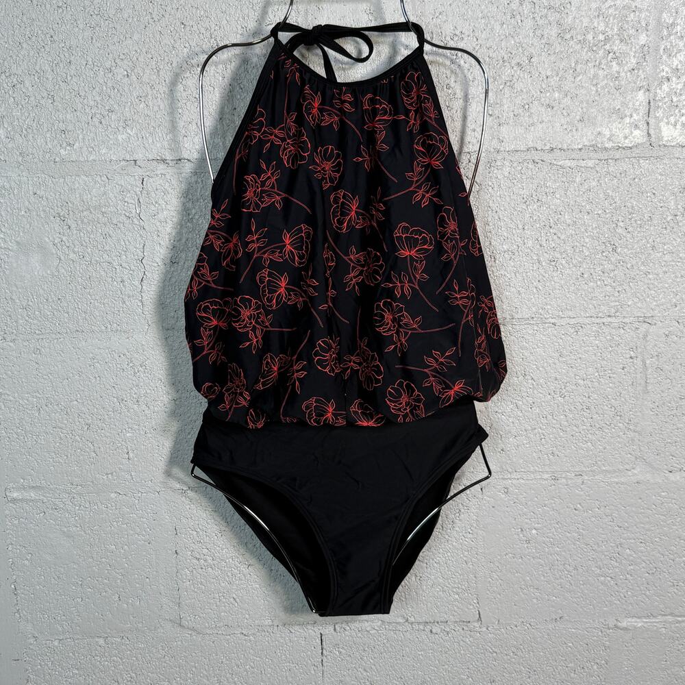 Calvin Klein Printed Blouson One Piece Swimsuit black/coral 10